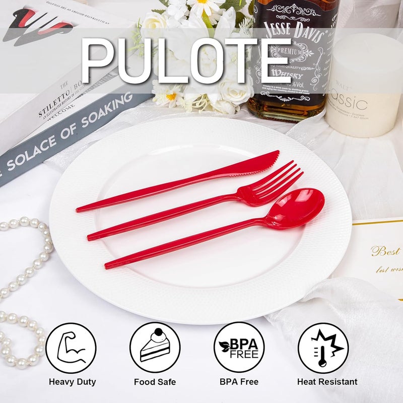 PULOTE 150PCS Red Plastic Silverware Set - Heavy Duty Plastic Cutlery - Red Utensils Disposable Include 50 Forks, 50 Spoons, 50 Knives for Party & Valentines Day - Image 4